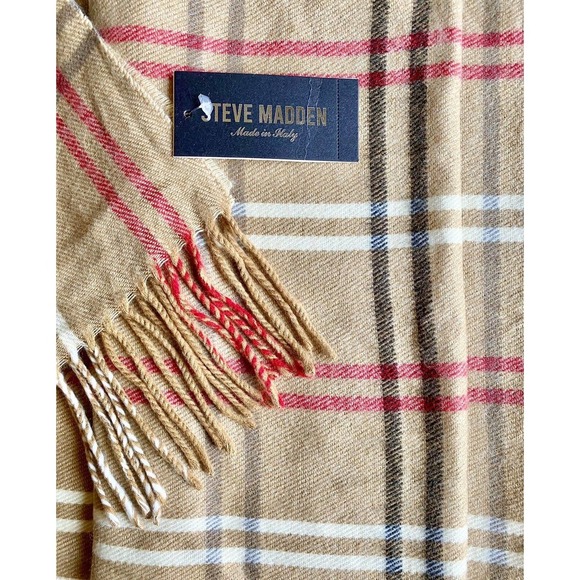 New Steve Madden Made in Italy Camel Beige & Red Super Soft Plaid Scarf - Picture 6 of 6
